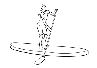 Stand up paddle surfing, boarding. Single female surfer with paddle. Surfrider girl on board. Paddleboarding, SUP fitness. Vector fitness illustration. Abstract isolated contour of surfboarder. 