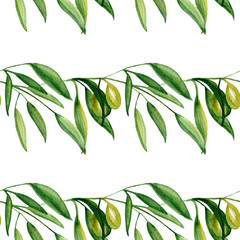 Watercolor olive branch seamless pattern on white background.