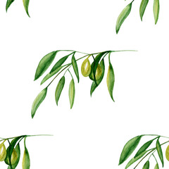 Watercolor olive branch seamless pattern on white background.