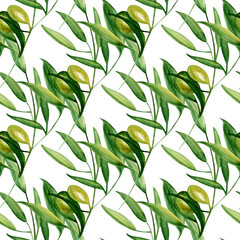 Watercolor olive branch seamless pattern on white background.