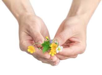Woman holding a bouquet of tiny white and yellow flowers  isolated on white background