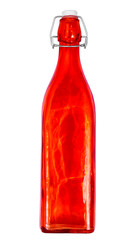 Decorative red liquid bottle on isolated white background