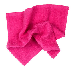 Pink crumpled face towel on isolated white background