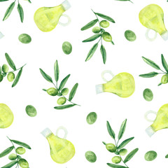  Watercolor pattern with olives, olive branches, a bottle of olive oil.