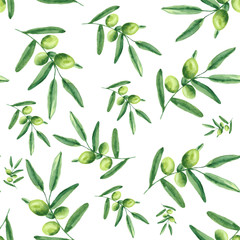  Watercolor pattern with olives, olive branches, a bottle of olive oil.