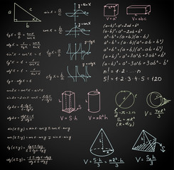 Chalkboard mathematical vector pattern with geometrical figures and formulas, used for school education and document decoration. Isolated, you can use any color of background. - obrazy, fototapety, plakaty