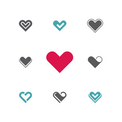 Outline stylized heart on dark background. Set of nine vector models. Vector illustration on the theme of love and romance relationship. Flat design