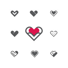 Outline stylized heart on dark background. Set of nine vector models. Vector illustration on the theme of love and romance relationship. Flat design