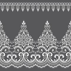 Lace seamless vector pattern with flowers and swirls, retro lace borders design, detailed floral ornament in white on gray background