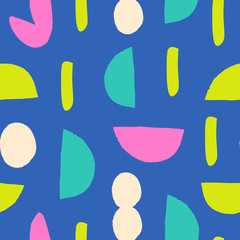 Abstract seamless pattern with colorful shapes on blue background.