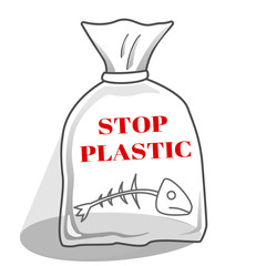 Stop ocean plastic pollution. Ecological poster. Polyethylene pack with dead fish in the middle