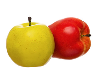 Artificial orange and green apples, isolated on white background