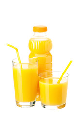 Orange juice in plastic bottle and glass on white background