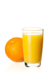 Glass of fresh orange juice and orange fruits on white background