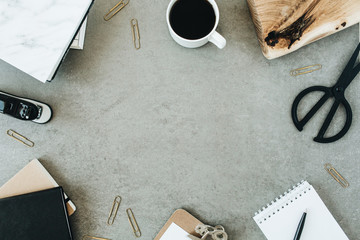 Flatlay mockup of workspace frame on grey background. Flat lay, top view.