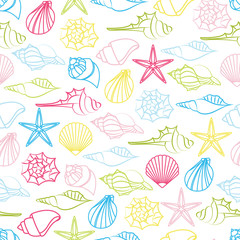 Vector seamless pattern of seashells on white background