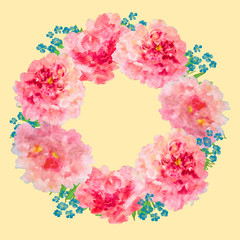 delicate watercolor wreath of pink peonies on cream background