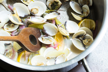 Muscheln kochen im Sud in einem Topf