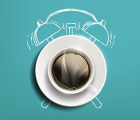 Cup of coffee on the table. Drawn sketch alarm clock