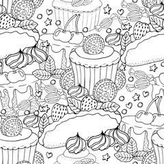 Seamless pattern with cake, cupcake, candy and other dessert with berry