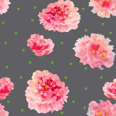 Watercolor pink peonies on gray background seamless pattern