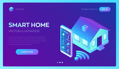 Smart home system concept. 3D isometric remote house control system. IOT concept. Smart home connection and control with devices through home network. Internet of things. Vector illustration.