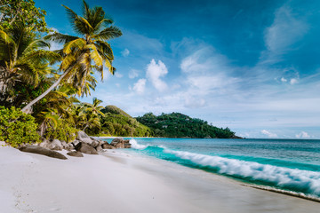 Beautiful Anse intendance, tropical beach. Ocean wave roll on sandy beach with coconut palm trees. Mahe, Seychelles