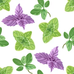 Raamstickers Tropische planten Marjolein, oregano, basilicum naadloos patroon op een witte achtergrond. Vectorillustratie van geurige kruiden in cartoon vlakke stijl.