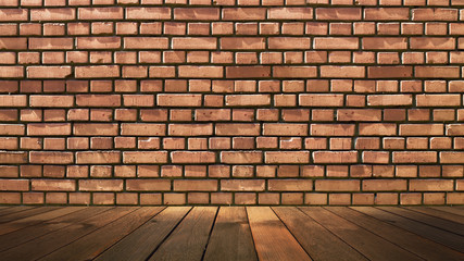 Empty scene background. Old brick wall, wooden floor. Spotlight in the dark