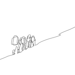 Continuous one line drawing group of four people hiking