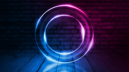 Empty disco scene background, old brick wall. Neon figure of a fractal circle in the center of the scene. Neon light smoke. Dark abstract futuristic background