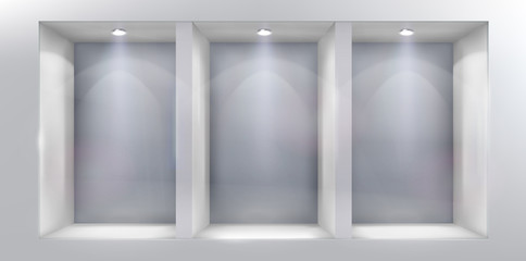 The shelves in shop window. Place for the exhibition. Vector illustration.
