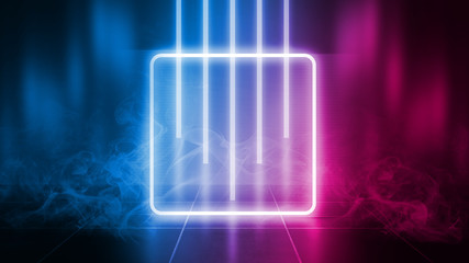 Background of an empty disco scene. Neon square figure in the center of the scene. Neon light smoke. Dark abstract futuristic background