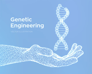 DNA sequence in hand. Wireframe DNA molecules structure mesh. DNA code editable template. Science and Technology concept. Vector illustration.