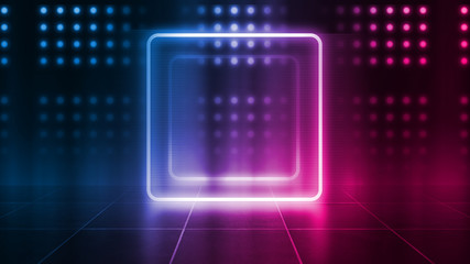 Background of an empty disco scene. Neon square figure in the center of the scene. Neon light smoke. Dark abstract futuristic background