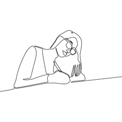 Continuous line Study girl, student make notes. Vector illustration.