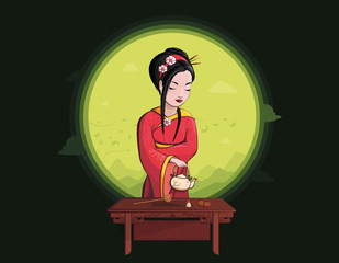 Vector art of Beautiful japanese girl. Tea ceremony. With different tea appliance. Asian culture in brignt color and flat style