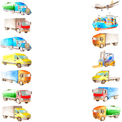 Watercolor frame border of cartoon cargo vehicle, transport, trucks and carriers, ship and plane with a white copy space in the middle