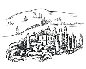 European house among the trees on the background of the hills