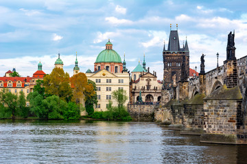 Fototapeta premium Prague medieval architecture and Charles bridge over Vltava river, Czech Republic