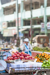 Fresh fruits selling on the street of Tarchileik township, Myanmar.