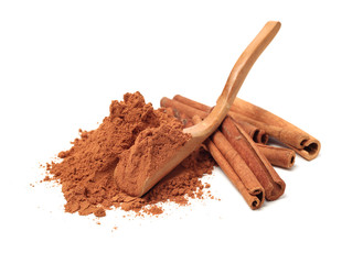 Cinnamon Sticks and Ground Cinnamon on a white background
