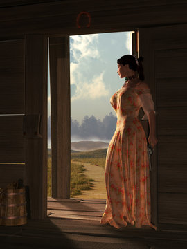 Somewhere in the wild west, a woman in a peach colored dress stands at the threshold the door of a wooden cabin. She looks into the distance out the door with a revolver in her hand. 3D Rendering
