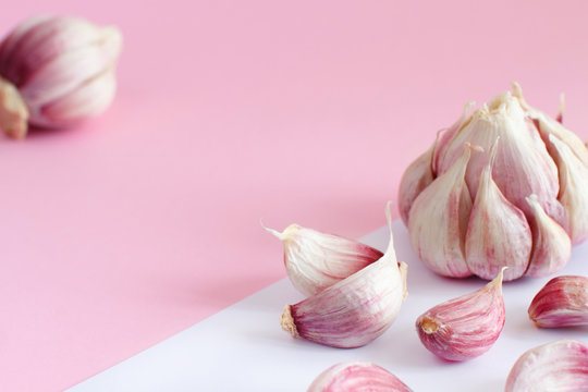 Fresh garlic on a light pink background