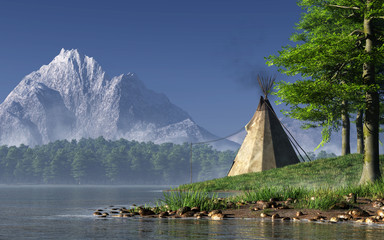 Somewhere in the American West, a lone Indian teepee sits by a serene lake. In the distance, a great rocky mountain with a snow covered peak juts into the clear blue sky. 3D Rendering © Daniel Eskridge