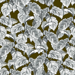hand-painted leaves of white and gray color on a dark green background