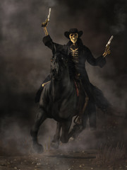 Obraz premium Out of the mists rides a vision of fear and terror. A skeleton gunslinger rides a galloping black horse. The frightening specter wears all black and brandishes smoking pistols. 3D Rendering
