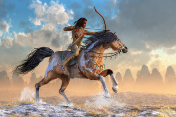 An American Indian of the western plains draws his bow as his horse gallops over hills kicking up a spray of snow. The Native American man wears leggings, moccasins, and war paint. 3D Rendering © Daniel Eskridge