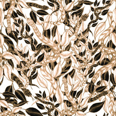 drawing of snake with branches and brown leaves on a white background