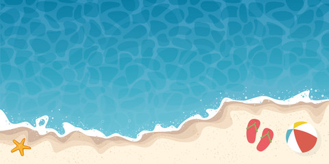 summer beach and ocean background banner with starfish and flip-flops vector illustration